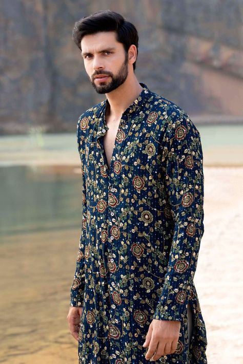 Embroidered kurta with mirror work for men Stole For Men, Traditional Indian Mens Clothing, Floral Mirror, Kurta Set For Men, Blue Mirror, Kurta With Pants, Mirror Work, Embroidered Jacket, Kurta Set