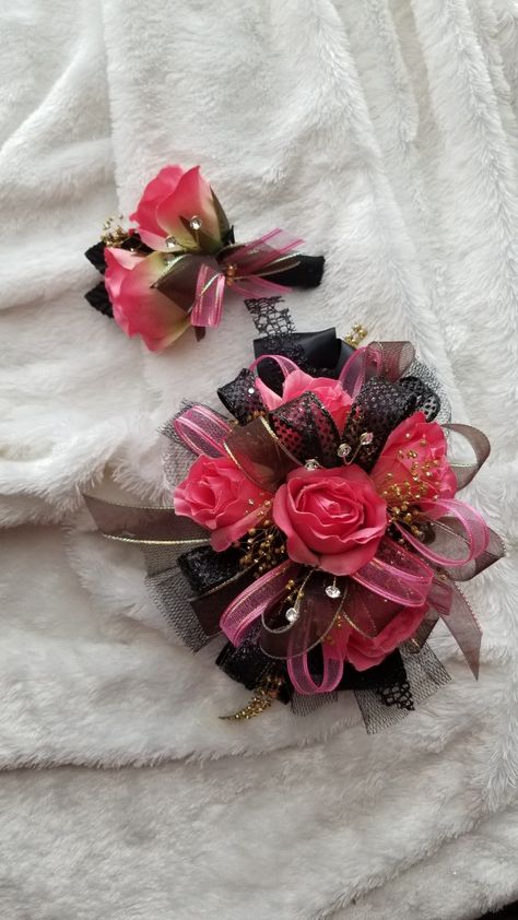 Corsage Pink And Black, Pink And Black Boutonniere, Black And Pink Corsage And Boutonniere, Corsage And Boutonniere Set Pink, Hot Pink And Black Corsage, Hot Pink Corsage And Boutonniere, Pink And Black Corsage, Hot Pink Corsage, Hoco Accessories