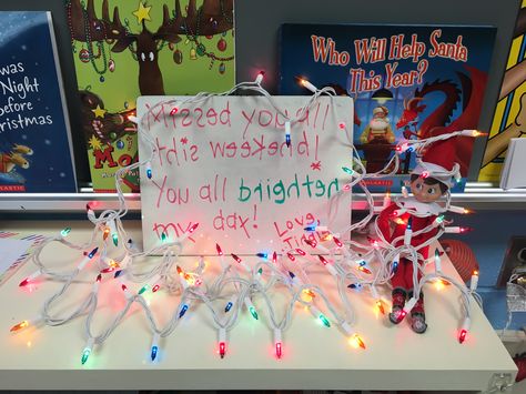 Jingle brought Christmas lights and decorated our classroom! He must have gotten a bit tangled up in the process! Elf Tangled In Lights, Classroom Elf, Tangled Lights, Shelf Ideas, On The Shelf, School Fun, The Elf, The Process, Elf On The Shelf