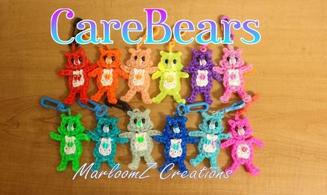 Rainbow Loom Care Bears Tutorial / How To using loom bands tutorial by MarloomZ Creations. Rainbow Loom Bands Bracelet, Loom Loops Crafts, Pokemon Loom Bands, Loom Band Projects, Rainbow Loom Charms Step By Step, Rainbow Loom Keychain Patterns, Rainbow Loom Creations Step By Step, Rainbow Loom Designs Step By Step, Things To Make With Loom Bands