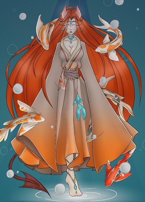 Koi fish women in water free dress Koi Fish Inspired Fashion, Koi Fish Character, Koi Fish Oc, Koi Fish Outfit, Anime Koi Fish, Character Design Women, Women In Water, Koi Fish Dress, Fish Woman