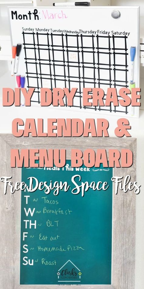 Make your home a little more organized with these two easy projects – a dry erase calendar and menu board – made using the Cricut Maker! #clarkscondensed #cricut #cricutdiy #cricutproject #cricutfiles #menuboard #calendar #dryerase Dry Erase Vinyl Projects Cricut, Diy Dry Erase Calendar, Vinyl Projects Cricut, Best Cricut Projects, Diy Dry Erase Board, Diy With Cricut, Cricket Maker, Dry Erase Board Calendar, Calendar Board