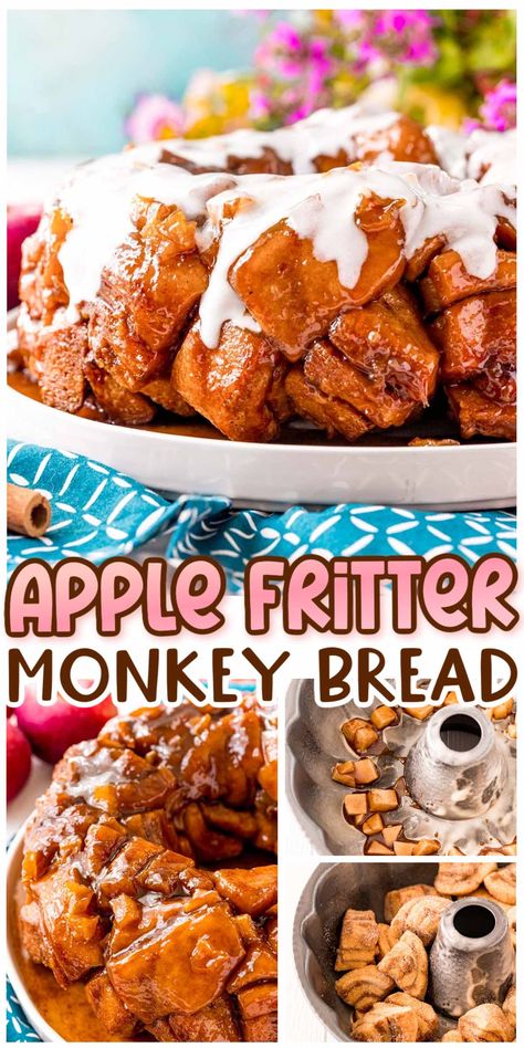 Apple Fritter Monkey Bread is an easy, soft, and sticky pull-apart bread that’s made to share! Chunks of refrigerated cinnamon roll dough and fresh chopped apples are drenched in a sweet and sticky sauce and baked to perfection.  via @sugarandsoulco Monkey Bread Casserole, Crock Pot Monkey Bread, Apple Fritter Monkey Bread, Monkey Bread With Canned Biscuits, Apple Monkey Bread, Cinnamon Monkey Bread, Sticky Sauce, Cinnamon Roll Monkey Bread, Bread Pull Apart Recipes