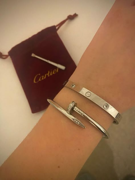 Cartier Bracelet Women Silver, Cartier Love Bracelet Stack Silver, Silver Bracelets Cartier, Cartier Nail Bracelet Silver, Silver Cartier Jewelry, Cartier Silver Jewelry, Silver Cartier Bracelet Aesthetic, Luxury Silver Bracelet, Aesthetic Bracelets Silver