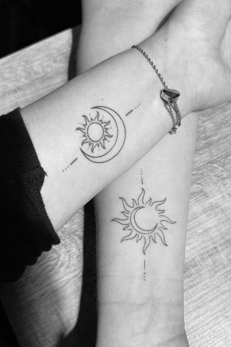 Match Sister Tattoos, Sun And Moon Intertwined Tattoo, Couple Tattoo Sun And Moon, Moon And Sun Couple Tattoo, Moon Sun Tattoo Couple, Moon And Sun Tattoo Matching, Spiritual Matching Tattoos, Sun And Moon Ying Yang Tattoo, Sun And Moon Tattoo For Men