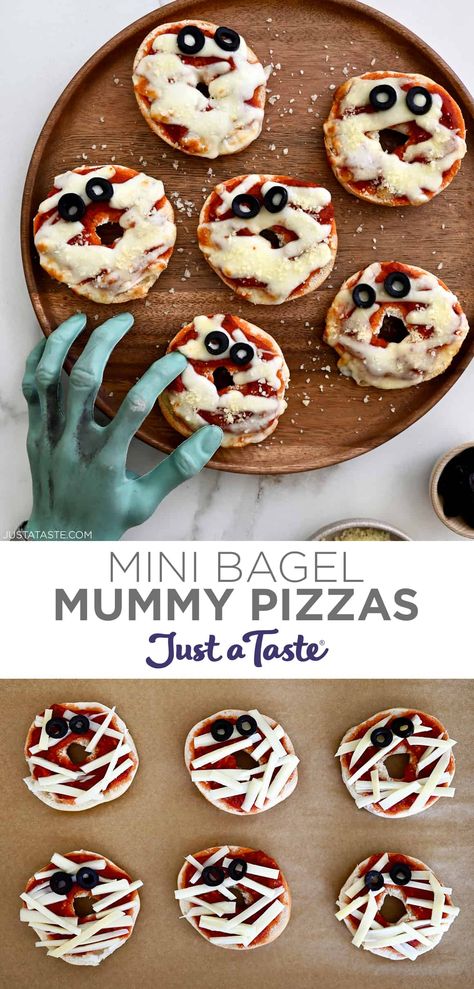 Add a spooky snack to your Halloween spread with a quick and easy recipe for Mini Bagel Mummy Pizzas. #justatasterecipes Mini Bagel Pizza, Bagel Pizzas, Halloween Spread, Mummy Pizza, Easy Halloween Snacks, Halloween Pizza, Halloween Food Dinner, Awesome Appetizers, Halloween Food Appetizers