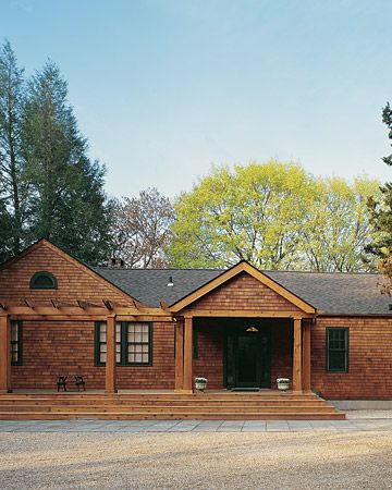 Cedar shake ranch - exterior MS Front Pergola, Exterior Ranch Remodel, Deck Extension, Craftsman Bungalow Exterior, Cedar Shingle Siding, Exterior House Siding, Cedar Shake, Cedar Posts, Ranch Remodel