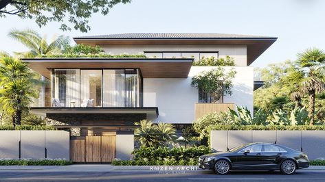 KienGiang Villa on Behance Modern Tropical Villa, Villa Facade Design, Tropical Villa, Home Designs Exterior, Modern Tropical House, Tropical House Design, Contemporary House Exterior, Facade Architecture Design, Modern Villa Design