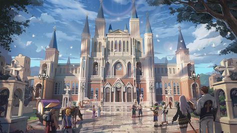 Magic Academy Concept Art, Anime Academy Building, Fantasy Academy Concept Art, Fantasy Academy Art, Fantasy Schools Of Magic, Magic Academy Art, Fantasy Academy Building, Academy Concept Art, Fighter Illustration