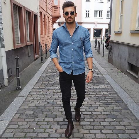 Denim Shirt Black Jeans, Denim Shirt Outfits, Denim Shirt Outfit, Shirt Outfit Men, Black Jeans Outfit, Style Inspiration Casual, Denim Shirt Men, Mens Fashion Blog, Outfit Jeans