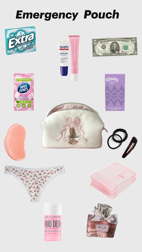 Everything you need in an emergency girl hygiene pouch Emergency Pouch, School Emergency Kit, School Bag Essentials, Cute Rose, Prep School, Emergency Kit, Essential Bag, Rose Petals, Girly Things