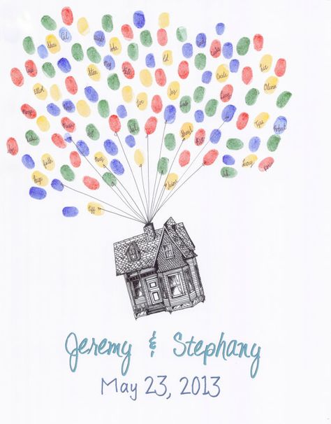 thumb print house House From Up Painting, Fingerprint Balloons, Art For House, Wedding Photo Table, Thumbprint Art, Gift Table Wedding, Balloon House, Up Painting, Fingerprint Art