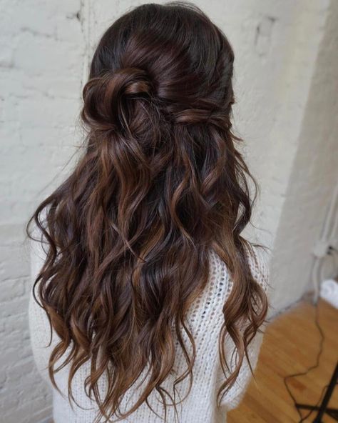 Gorgeous Boho Hairstyle #promUpdos Wedding Hair Brunette, Half Up Wedding Hair, Wedding Hair Half, Diy Wedding Hair, Boho Hairstyle, Bridesmaid Hair Long, Long Brunette, Boho Wedding Hair, Bridesmaid Hair Half Up