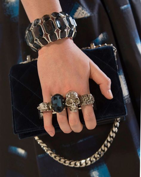 A small Jewelled Satchel in night blue velvet matelassé with silver hardware. From the Autumn/Winter 2019 pre-collection.  #McQueenPreAW19… Mcqueen Jewelry, Love Couture, Night Blue, Ladies Clutch, Tiffany Heart, Goth Fashion, Heart Charm Bracelet, Blue Velvet, Types Of Fashion Styles