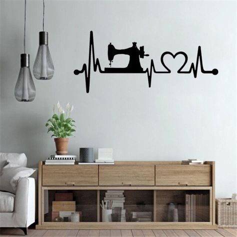 Sewing Machine Heartbeat Lifeline Wall Decal Sticker Love To Sew for sewing shop removable art mural _ - AliExpress Mobile Tailoring Shop Interior Design, Interior Wall Painting Designs, Sewing Logo Design, Design Studio Workspace, Sewing Room Inspiration, Colorful Hairstyles, Sewing Shop, Store Design Boutique, Sewing Room Design