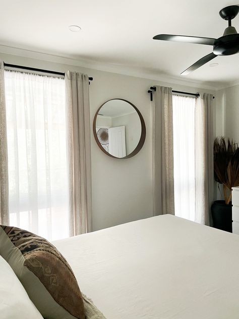 Light and airy, master bedroom with two windows, featuring double curtain rods Farmhouse Sliding Glass Door Curtains Patio, Curtains With Sheers, Curtains Bedroom Aesthetic, Beautiful Bed Designs, Window Curtains Living Room, Double Rod Curtains, Bed Design Modern, Dekorasi Kamar Tidur, Curtains Living