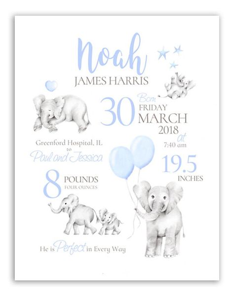 Baby Pink Nursery, Baby Handprint Crafts, Elephant Birth, Nursery Safari, Birth Announcement Gifts, Baby Boy Birth Announcement, First Birthday Posters, Birth Art, Safari Nursery Prints