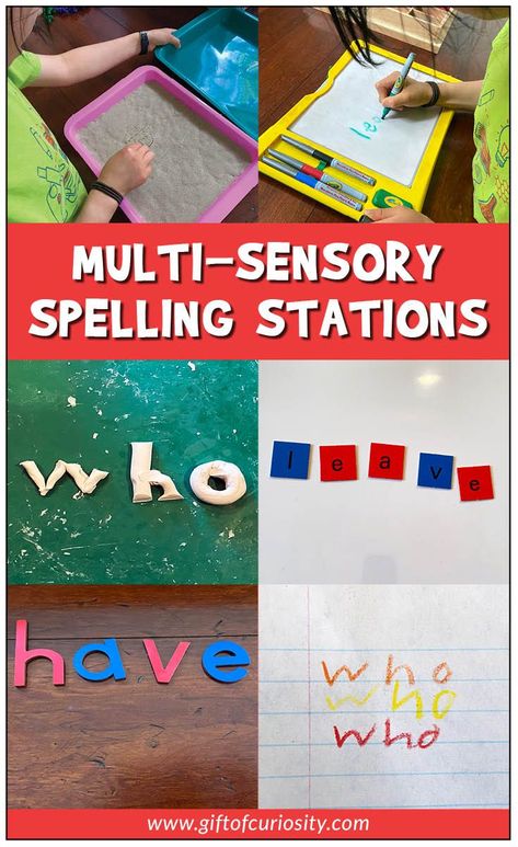 Spelling practice doesn't have to be boring! Learn how to set up multi-sensory spelling stations that are fun, engaging, and best of all. . . effective! #spelling #giftofcuriosity || Gift of Curiosity Spelling Stations, Multisensory Phonics, Multisensory Activities, Play Based Learning Activities, Teaching Sight Words, Rainbow Writing, Teaching Spelling, Multi Sensory, Spelling Practice