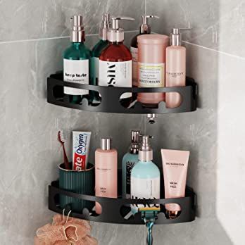 Shower Caddy, iSPECLE Bathroom Corner Shelves, No Drilling Shower Shelf Self Adhesive Bathroom Shelves for Toilet Dorm Kitchen Storage, Triangle 2 Pack, Black : Amazon.co.uk: Home & Kitchen Black Corner Shower, Toiletries Shelf, Rose Shampoo, Bathroom Corner Shelf, Basket Bathroom, Corner Shower Caddy, Dorm Kitchen, Shower Shelf, Shower Organization