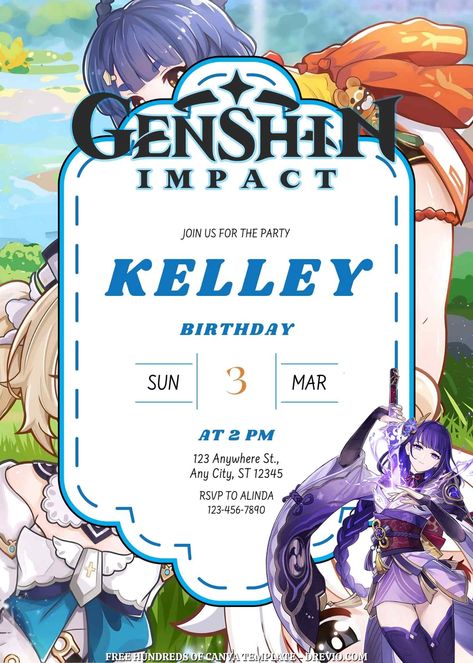 Cool 22+ Genshin Impact Canva Birthday Invitation Templates Hooray! You've chosen a theme for your munchkin's birthday - or perhaps you asked and they *fanatically* responded. Let's make those birthday wishes come true. Our Genshin Impact Canva birthday party ... Genshin Impact Invitation Card, Genshin Impact Birthday Party Ideas, Genshin Impact Birthday Theme, Genshin Birthday Party, Genshin Impact Birthday, Bday Invitation Card, 11th Birthday Party Ideas, Diy Invitation Card, Happy Birthday Ideas