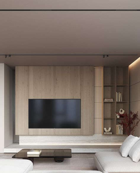 Brovary40_housing :: Behance Tv Room Decor, Bedroom Tv Wall, Japandi Living Room, Wall Unit Designs, Tv Unit Interior Design, Japandi Living, Tv Room Design, Japandi Interior, Open Plan Living Room