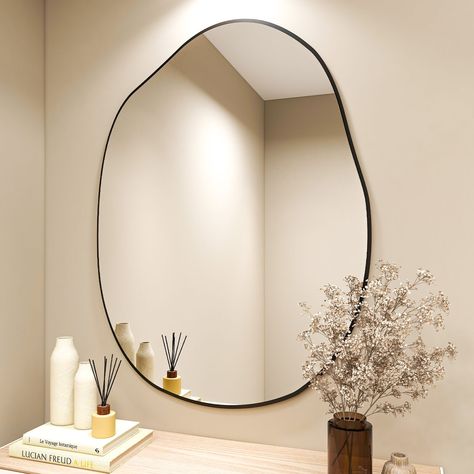 Cloud Shaped Design. Wall-Mounted: hang both vertically and horizontally. HD Reflection. BEAUTYPEAK 26-Inches W x 37.8-Inches H Irregular Black Polished Frameless Wall Mirror | LS-YSJ-WKYX03-2638 Mirror Entrance Hall, Asymmetrical Bathroom, Bathroom Mirror Wood, Mirrors For Bedroom, Blob Mirror, Frameless Wall Mirror, Irregular Mirror, Parents Room, Entryway Mirror