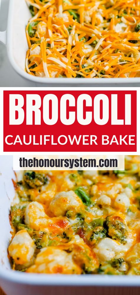 A dish of broccoli cauliflower cheese bake. Broccoli Cauliflower Cheese Casserole, Brocolli And Cauliflower Casserole, Broccoli And Cauliflower Side Dish, Cheesy Broccoli Cauliflower Casserole, Broccoli Cauliflower Cheese, Broccoli Cauliflower Bake, Cheesy Broccoli Cauliflower, Cauliflower Cheese Casserole, Broccoli Cauliflower Recipes