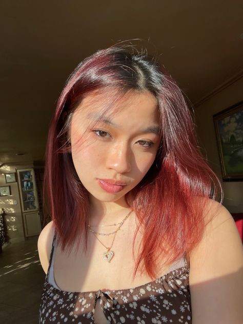 Short Hair Color Ideas For Asian Skin, Asian Red Hair Short, Nuria Ma Red Hair, Dark Red Hair Short Bob, Dyed Asian Hair Colour, Red Hair Dye Ideas For Short Hair, Cherry Coke Hair Color Short Hair, Short Cherry Coke Hair, Cherry Coke Short Hair