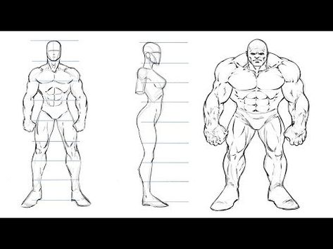 In this video I talk about basic proportions of the comic book characters we draw. This is using the 8 heads tall model and we cover 3 basic character types. I am currently creating my next online course on Drawing Dynamic Comic Book Superheroes. I will be covering lessons like these in more detail. If […] The post How to Draw Comic Book Characters – Proportions appeared first on PaintingTube. Draw Proportions, Draw Superhero, Superhero Drawing, Superhero Poses, Body Cartoon, Figure Drawing Practice, Draw Comic, Drawing Arms, Male Anatomy