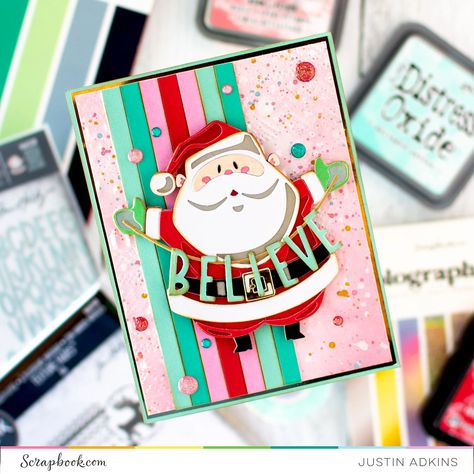 Believe Die Cut Card - Project Idea - Scrapbook.com Tim Holtz Santa Greetings, Making Christmas Cards, Sizzix Cards, Tim Holtz Crafts, Tim Holtz Dies, Thinlits Dies, Santa Card, Tim Holtz Cards, Photo Album Craft