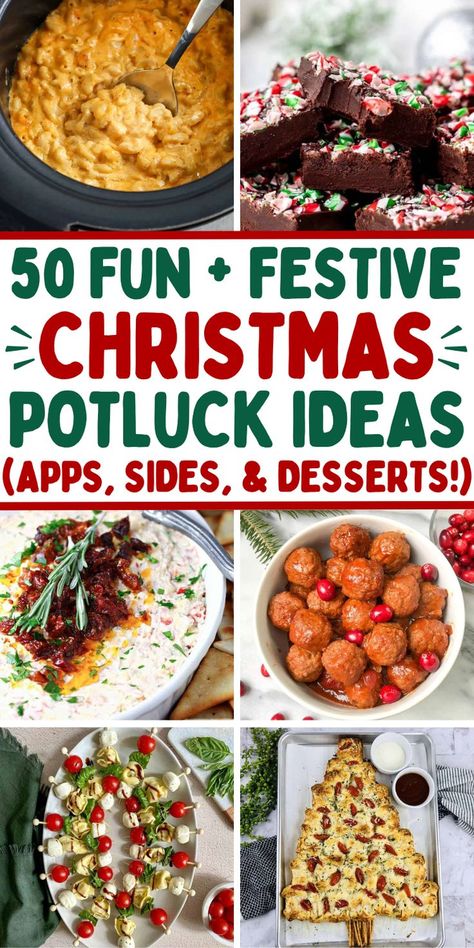 The best holiday potluck recipes for Christmas including crockpot dips and appetizers, finger foods, side dishes, festive salads, desserts and main dishes. These Christmas themed potluck ideas are perfect for work or holiday parties with friends and family. Christmas Food For Work Party, Pot Luck Party Ideas, Christmas Party Food Potluck, Xmas Pot Luck Ideas, Open House Christmas Party Food, Creative Potluck Ideas, How To Organize A Potluck Party, Holiday Work Party Food Ideas, Party Pot Luck Dishes