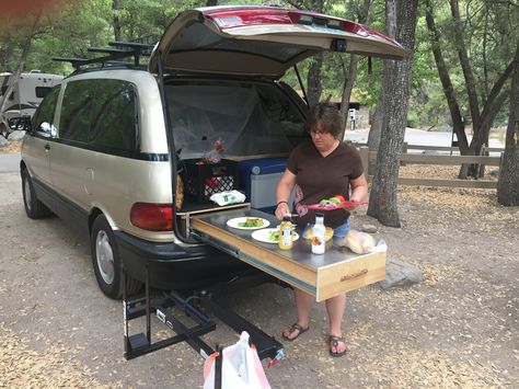 Toyota Tarago Campervan, Toyota Previa Camper, Toyota Estima Campervan, Previa Camper, Camp Kitchen Chuck Box, Campervan Kitchen, Minivan Camper Conversion, Suv Camper, Minivan Camping