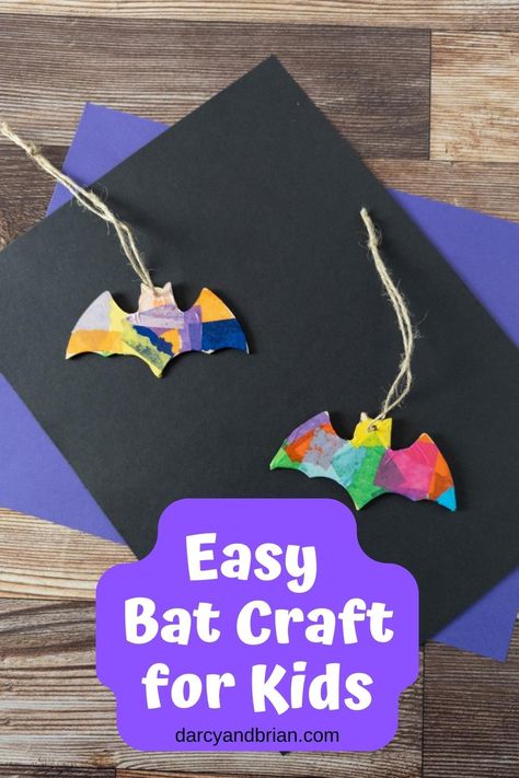 Looking for an easy and less messy Halloween craft for your little ones? Try this unique tissue paper bat craft idea! Our colorful bat ornament is perfect for decorating your Halloween trees. With minimal assistance, preschool kids and older can create their own spooky bat using a tissue paper covered wooden cutout. Get ready for a fun and creative Halloween activity! Simple Halloween Crafts For Kids, Simple Halloween Crafts, Bat Crafts, Ghost Craft, Kids Fathers Day Crafts, Bat Craft, Recycled Paper Crafts, Paper Bat, Paper Picture