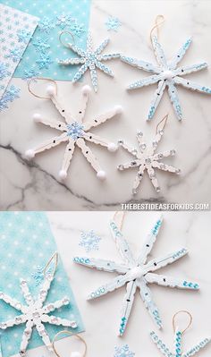 Clothespin Snowflake, Diy Christmas Snowflakes, Clothespin Diy Crafts, Easy Christmas Ornaments, Snowflake Craft, Ornament Craft, Christmas Tree Decorations Diy, Clothes Pin Crafts, Easy Christmas Crafts