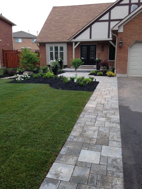 Rocks Next To House, Front Yard Landscaping One Story House, Driveway Sidewalk Ideas, Sidewalk Front Of House, Sidewalk Next To Driveway, Walkways To Front Door From Driveway, Drive Ways Ideas Driveways Front Yards, Widening Driveway Ideas, Driveway Extension Ideas