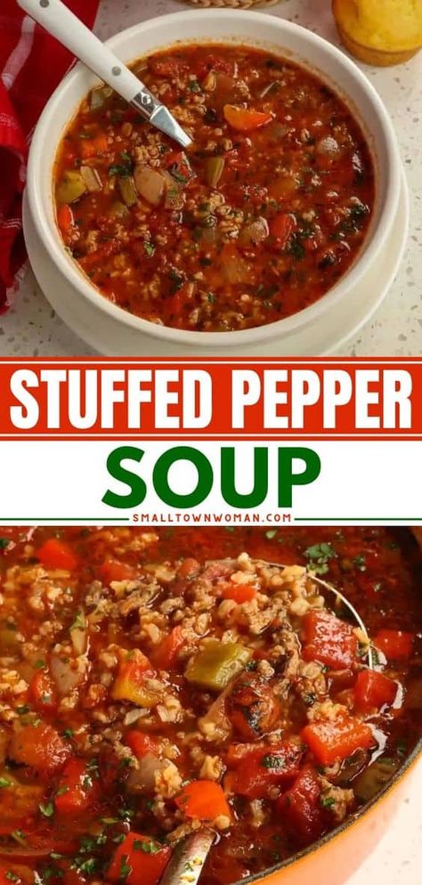 A simple soup recipe featuring bell peppers! You're just 30 minutes away from this weeknight meal. Simmered with ground beef in a deliciously seasoned broth, this easy stuffed pepper soup is the perfect warm dinner for cold nights. So hearty and filling! Dinner For Cold Nights, Easy Stuffed Pepper Soup, Green Pepper Soup, Bell Pepper Soup, Simple Soup, Fun Dinner, Stuffed Pepper, Pepper Soup, Soup Recipes Slow Cooker