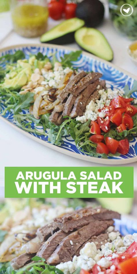 Arugula Salad with Steak - BriGeeski Salad With Steak, Orange Vinaigrette, Steak Salad, Strip Steak, Arugula Salad, Sliced Tomato, Easy Dishes, Easy Food To Make, Rice Vinegar