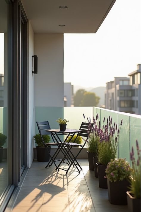 Modern balcony with frosted glass partition, lavender plants, and bistro set in morning light Balcony Privacy Ideas, Tall Potted Plants, Balcony Apartment, Privacy Ideas, Condo Balcony, Outdoor Panels, Balcony Privacy, Wooden Trellis, Cozy Furniture