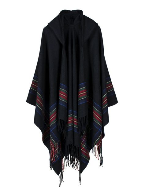 Casual Stripe Tassels Patchwork Hooded Cape Cloak For Women Open Front Poncho, Hoodie Poncho, Black Poncho, Cashmere Cape, Poncho Cardigan, Poncho Shawl, Winter Shawl, Cashmere Pashmina, Fashion Cap