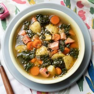 Ham, Potato, and Kale Soup Recipe | Meat and Seafood | Hannaford Potato And Kale Soup, Kale Potato Soup, Healthy Hearty Soup, Kale And Bean Soup, Leftover Easter Ham, Kale Soup Recipes, Braised Greens, Comfort Meals, Ham And Potato Soup