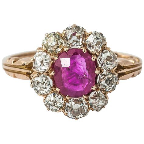 Victorian Ruby Diamond Cluster Ring | From a unique collection of vintage engagement rings at https://www.1stdibs.com/jewelry/rings/engagement-rings/ Vintage Cluster Ring, Victorian Engagement Rings, Contemporary Engagement Rings, Ruby Diamond Rings, Victorian Rings, Unusual Jewelry, Royal Jewelry, Ruby Diamond, Diamond Cluster Ring