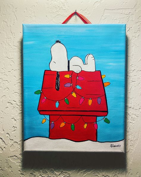 Cartoon Christmas Painting, Christmas Art Canvas, Christmas Theme Paintings On Canvas, Christmas Small Canvas Paintings, Holiday Drawing Ideas, Peanuts Christmas Painting, Snoopy Christmas Painting, Holiday Canvas Painting Ideas, Easy Christmas Paintings For Kids