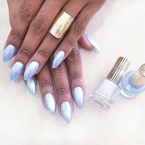 Nailed It! 💅 @hellobosco in Floss Gloss Nail Lacquer Blue Nail Almond, Blue Nail Acrylic, Nail Baby Blue, Europe Nails, Blue Prom Nails, Blue Chrome Nails, Baby Blue Nails, Blue Acrylic Nails, Nails Now