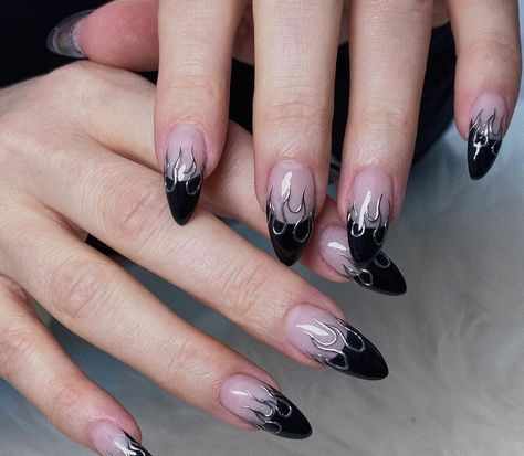 Posted by Zoe Scott: Let's chat about Black French Tip Almond Nails—your trusty nail fashion staple that's anything but outdated. These aren't the same looks your mom rock... Dark Style Nails, Easy Gothic Nails, Almond Nail Black French Tip, Almond Nails Designs Black, Black French Tip Nails Witchy, Black And Nude Halloween Nails, Gothic French Tip Nails, Black Tipped Nails, French Tip Designs Almond