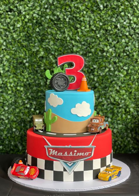 Cars 3rd Birthday Party Cake, Cars The Movie Theme Birthday Party, 3 Year Birthday Car Theme, Cars Cake 3rd Birthday, Cars 3 Cake Ideas, Disney Car Birthday Cake, 3 Year Birthday Theme Cars, Disney Cars Birthday Cake Ideas, Cars Movie Cake Ideas