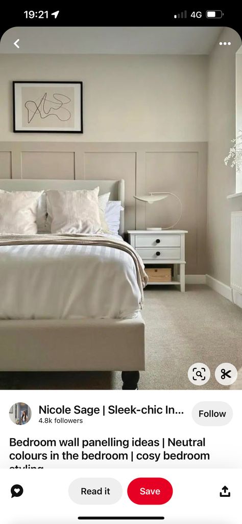 Behind The Bed Panelling, Panelled Walls Bedroom Beige, Cream Wall Panelling Bedroom, Brown Panelling Bedroom, Panelled Feature Wall Bedroom, Cream Panelling Bedroom, Beige Panelling Bedroom, Taupe Panelling, Panelling In Bedroom