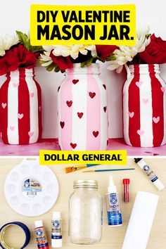 Make these festive and cute Valentine Mason Jar Vases with everything you need from Dollar General. Valentine Mason Jar, Mason Jar Craft, Easy Valentine Crafts, Diy Valentine's Day Decorations, Mason Jar Projects, Mason Jar Vases, Diy Valentines Decorations, Diy Valentine, Mason Jar Crafts Diy