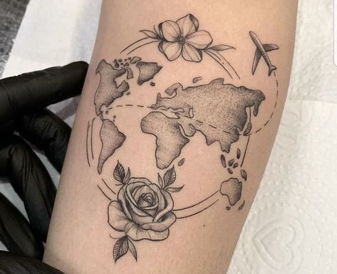 Earth Sleeve Tattoos For Women, Unique World Tattoos, World With Flowers Tattoo, Floral Globe Tattoo, World Travel Tattoos For Women, Floral Travel Tattoo, Travel Shoulder Tattoo, Earth Tattoos For Women, World Tattoos For Women