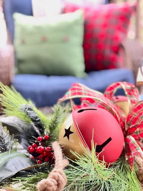 Outdoor Christmas Decor - giant jingle bells on Screened porch Large Jingle Bells Christmas Decor, Giant Jingle Bells, Outdoor Christmas Decor, Back Porches, Christmas Porch Decor, Pretty Christmas, Christmas Porch, Screened Porch, Porch Decor