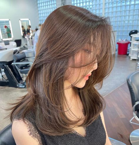 Layered Haircut With Curtain Bangs Asian, Layered Haircuts Korean Style, Layered Hair Asian Medium, 1 Layer Haircut, Korean Hair Layers Medium, Asian Medium Length Hair With Layers Straight, Korean Hair Medium Length, Layer Haircut Korean, Asian Hair Medium Length Layered